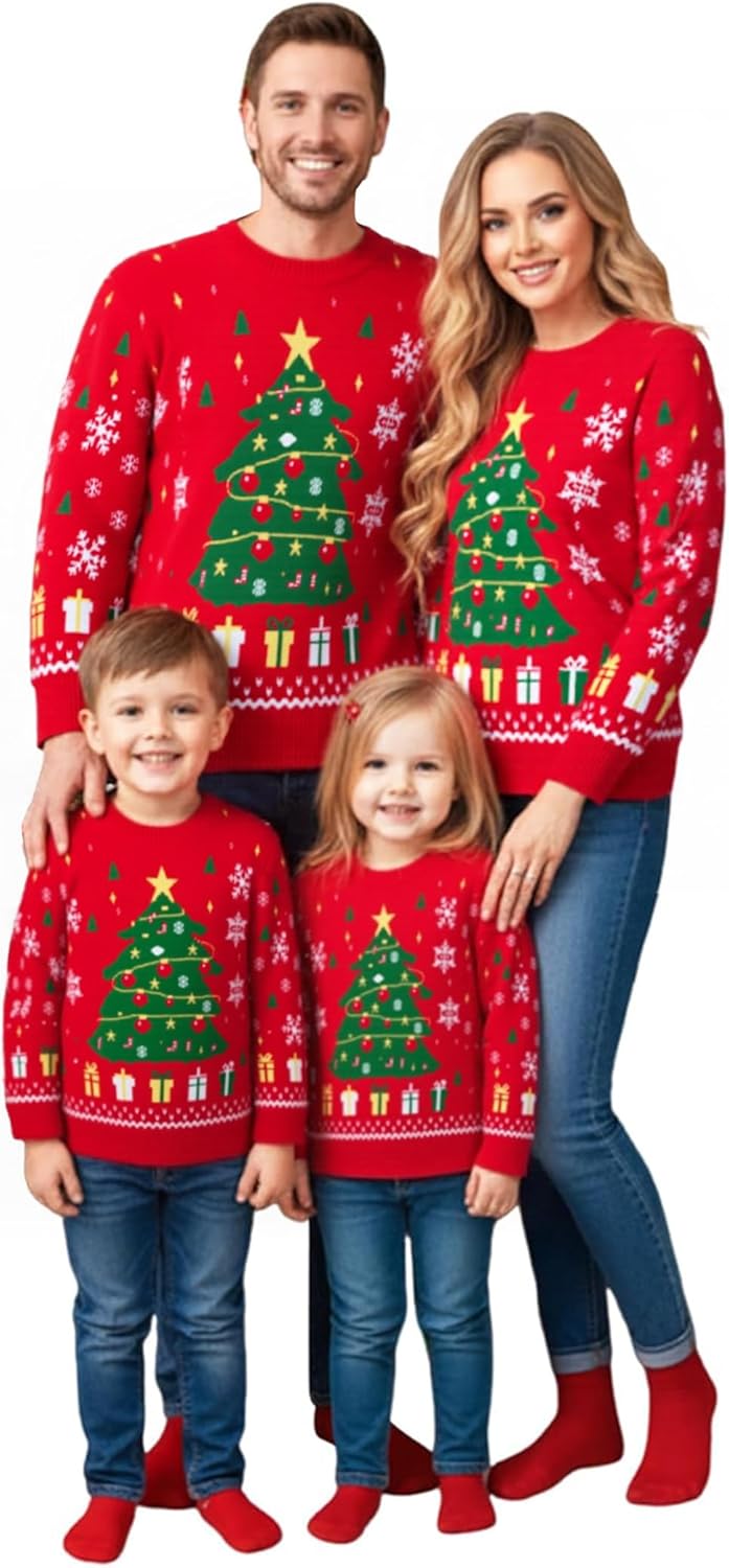 Christmas Sweater Family Set Knitted Sweater Round Neck Funny Christmas Sweater with Pine Tree Snowman Pattern