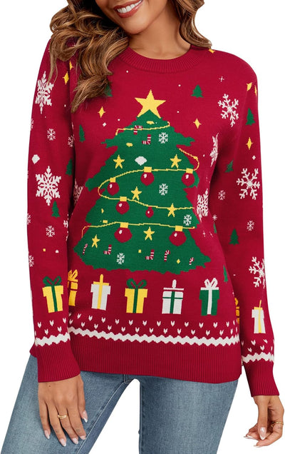 Christmas Sweater Family Set Knitted Sweater Round Neck Funny Christmas Sweater with Pine Tree Snowman Pattern