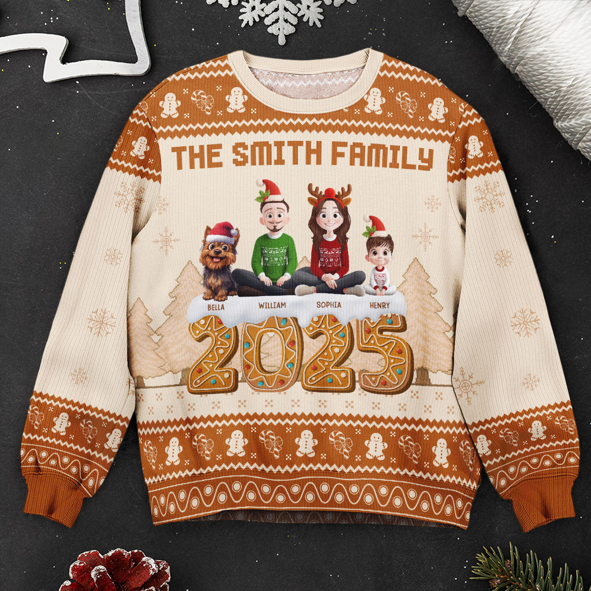Christmas Gingerbread Family 3D Effect - Personalized Ugly Sweater