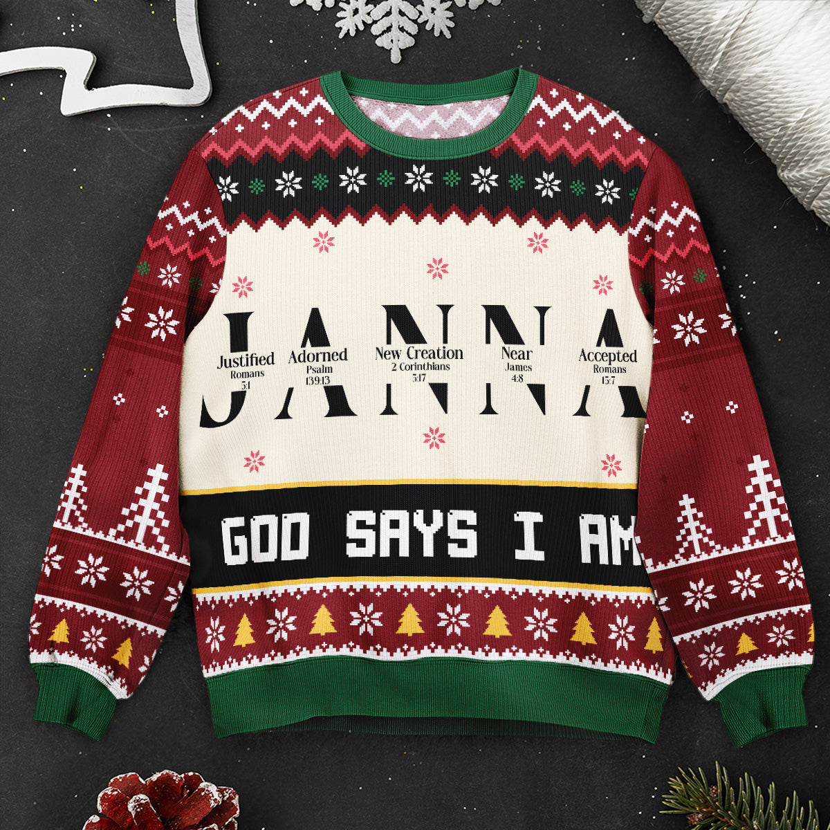 Christmas God Says I Am Name Letter In Bible - Personalized Ugly Sweater