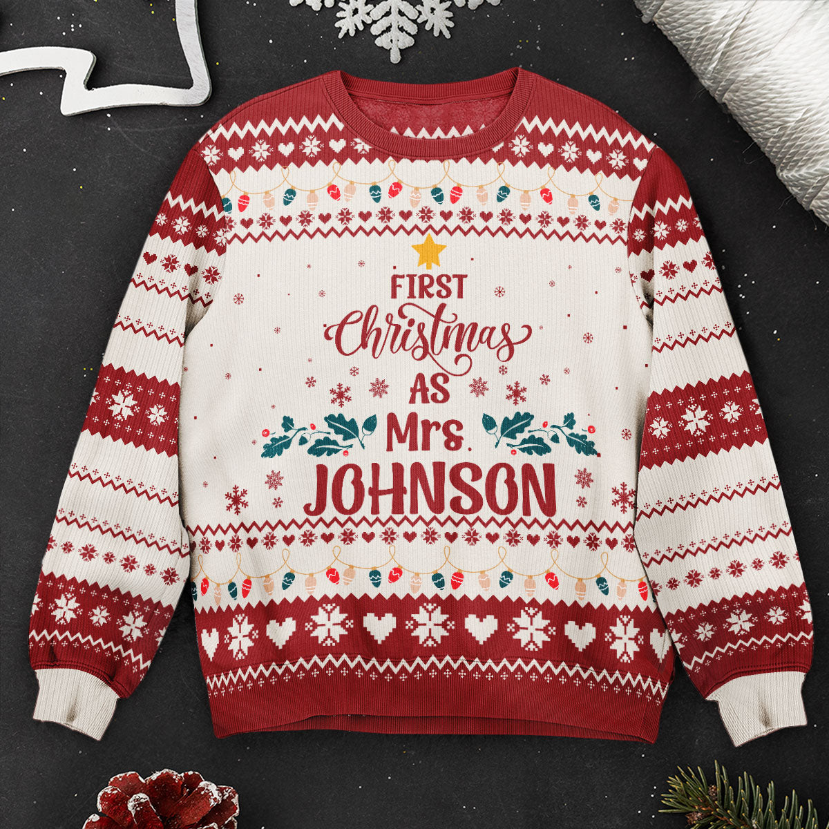 First Christmas As Mrs Newly Married Christmas Gift For Wife - Personalized Ugly Sweater