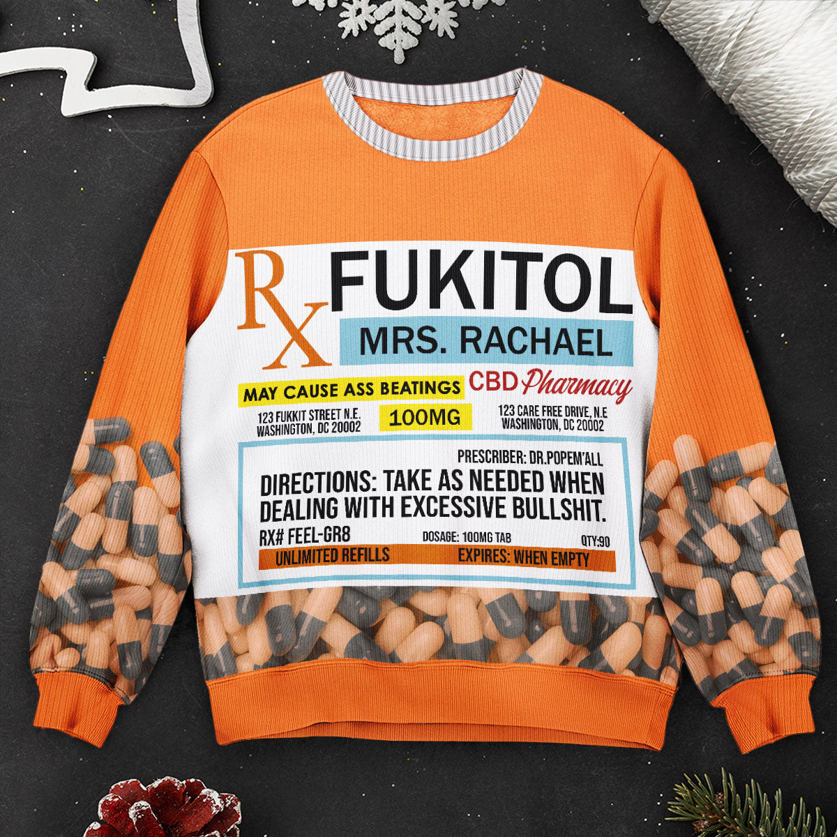 Fukitol Rx Prescription - Funny Gifts For Coworkers, Friends - Personalized Ugly Sweater