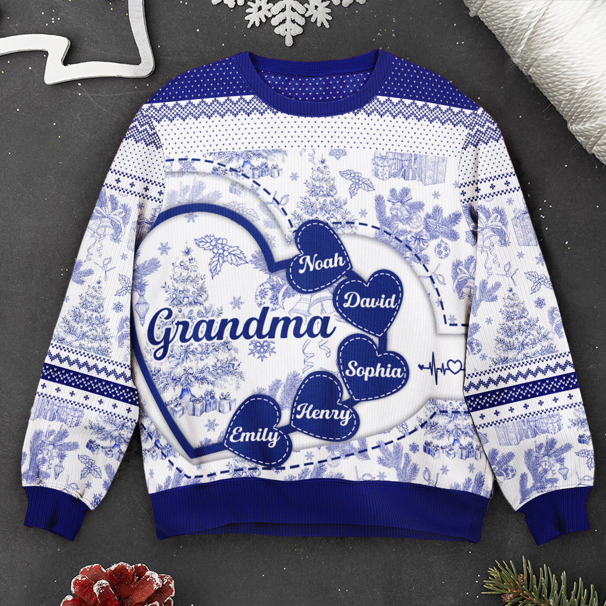 Grandma With Hearts Grandkids' Names - Toile De Jouy Style - Personalized Ugly Sweater