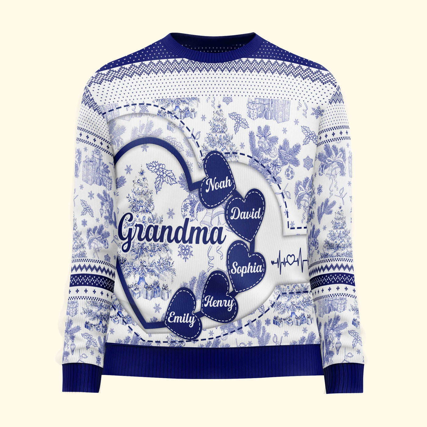 Grandma With Hearts Grandkids' Names - Toile De Jouy Style - Personalized Ugly Sweater