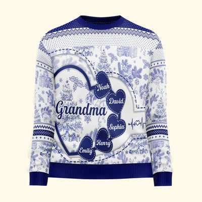 Grandma With Hearts Grandkids' Names - Toile De Jouy Style - Personalized Ugly Sweater