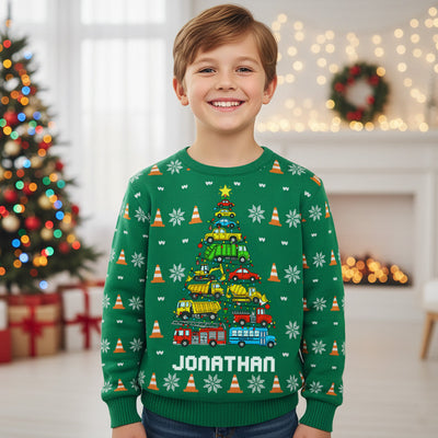 Kid Christmas Tree Construction And Dinosaur - Personalized Ugly Sweater