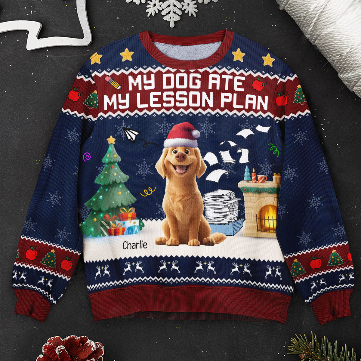 My Dog Ate My Lesson Plan - Teacher Christmas Gift - Personalized Ugly Sweater