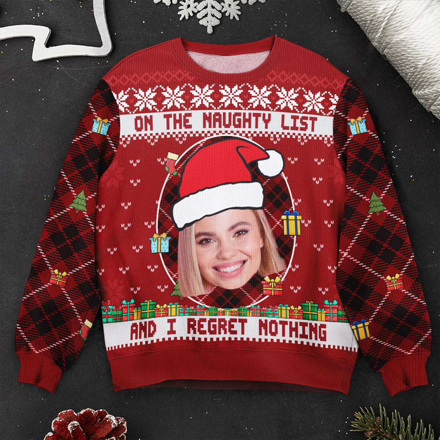 On The Naughty List And I Regret Nothing - Personalized Photo Ugly Sweater