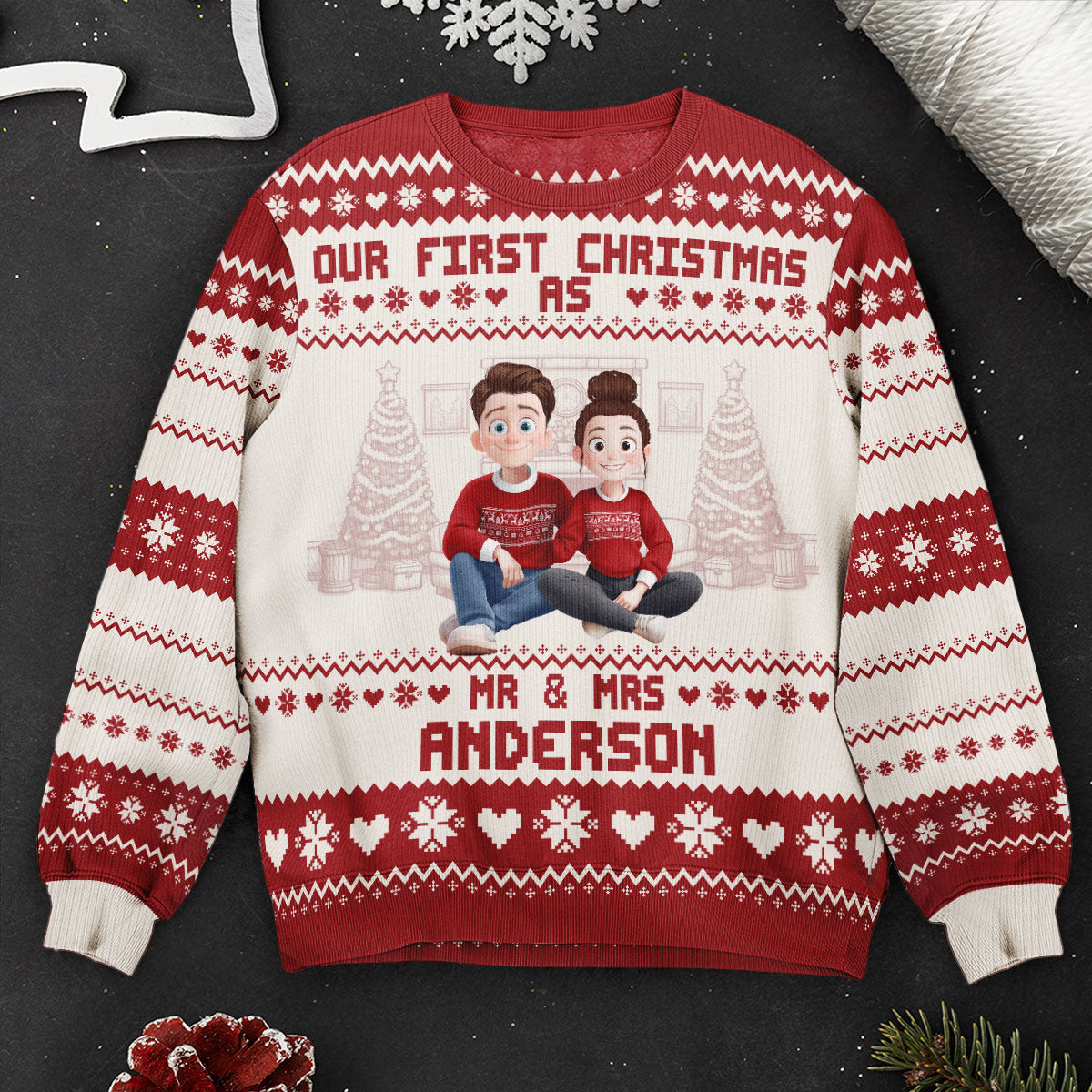 Our First Christmas As Mr & Mrs For Newlywed Couples - Personalized Ugly Sweater