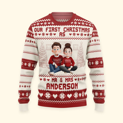 Our First Christmas As Mr & Mrs For Newlywed Couples - Personalized Ugly Sweater
